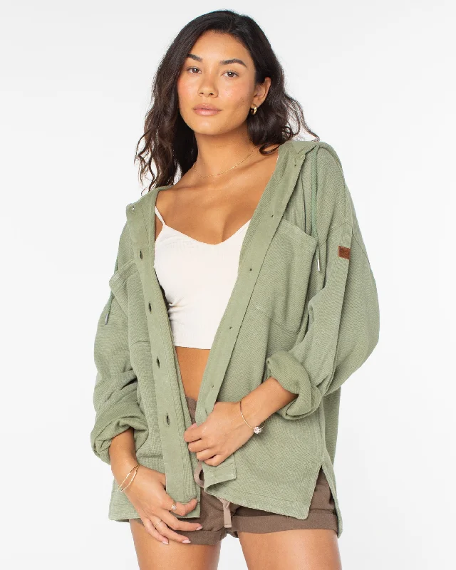 Clear Water Oversize Fleece Hooded Shirt - Oil Green Hoodie with Hem Contrast Bold Stylish