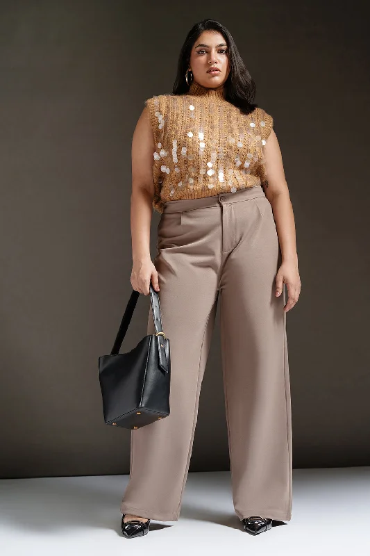 Dark Taupe Curve Textured Korean Pants Chic Slim Fit Pants