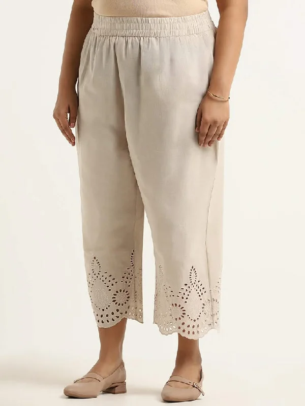 Diza Beige Cotton Cutwork Pants Comfortable Denim Pants