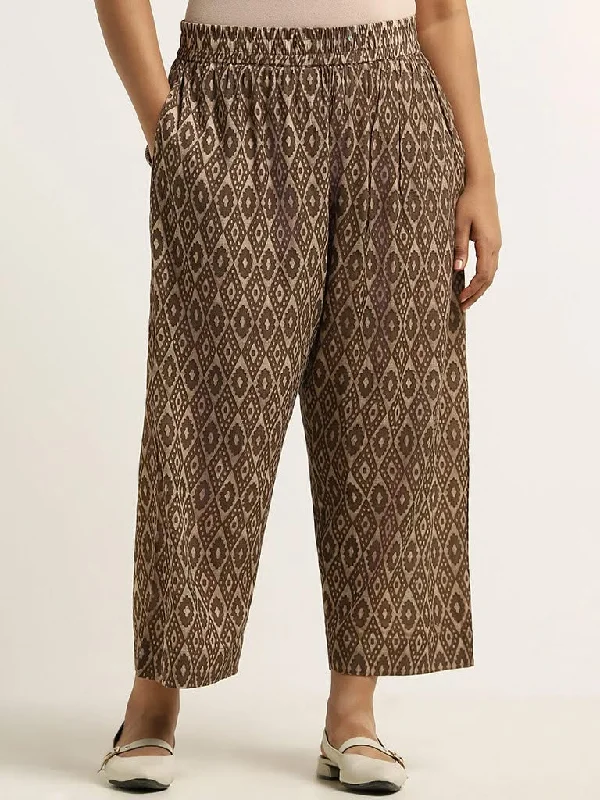 Diza Brown Printed Cotton Straight Pants Trendy Tapered Pants