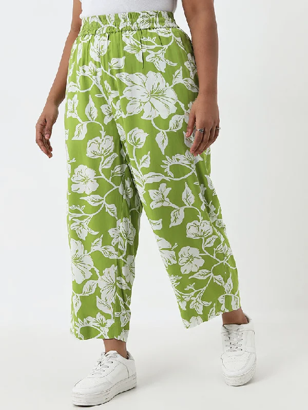 Diza Green Floral Printed Mid-Rise Cotton Ethnic Pants Cozy Jogger Leggings