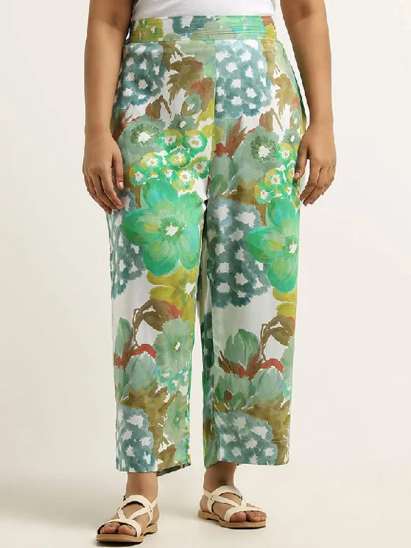 Diza Green Floral Printed Straight Pants Lightweight Jogger Pants