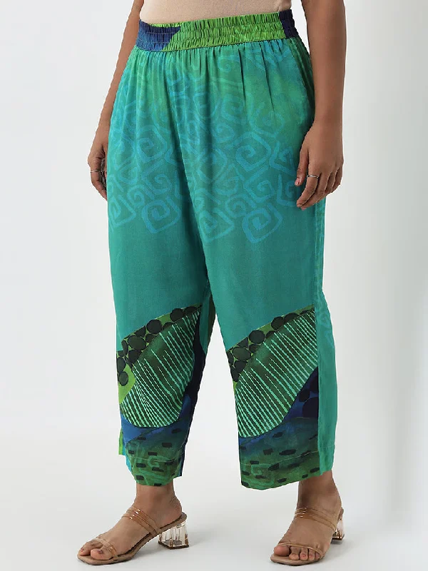 Diza Green Foliage Design High-Rise Cotton Ethnic Pants Relaxed Casual Leggings