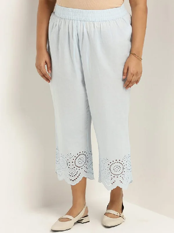 Diza Light Blue Cotton Cutwork Pants Formal Slim Pants