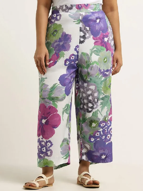 Diza Lilac Floral Printed Straight Pants Formal Wide-Leg Pants