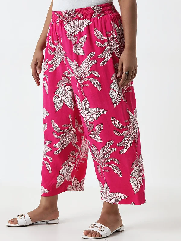 Diza Magenta Foliage Printed High-Rise Cotton Ethnic Pants Trendy Wide-Legged Trousers