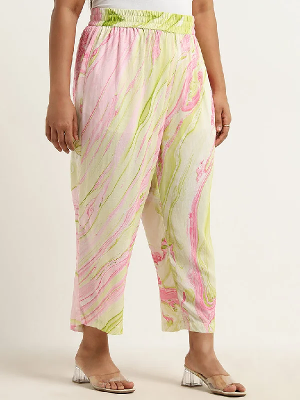 Diza Multicolour Marble Printed High-Rise Ethnic Pants Formal Wide-Leg Pants