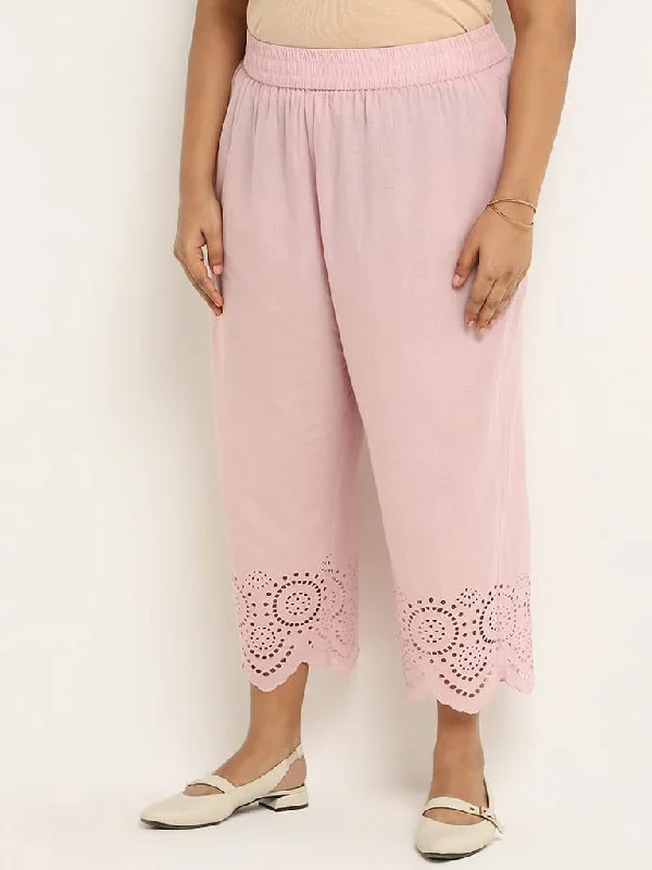 Diza Pink Cotton Cutwork Pants Elegant Silk Pants