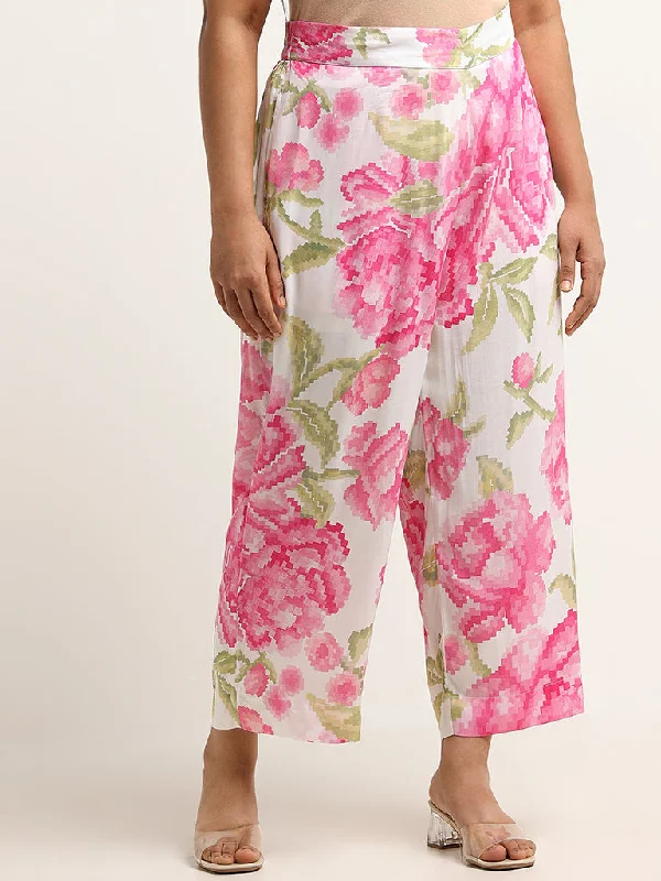 Diza Pink Mid-Rise Floral Print Straight Pants Elegant Dress Pants