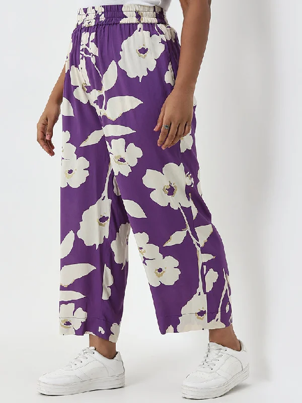 Diza Purple Floral Design Mid-Rise Cotton Ethnic Pants Formal Linen Trousers