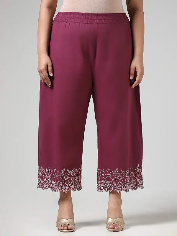 Diza Purple Floral Hem Embroidered Cotton Straight Pants Lightweight Linen Pants