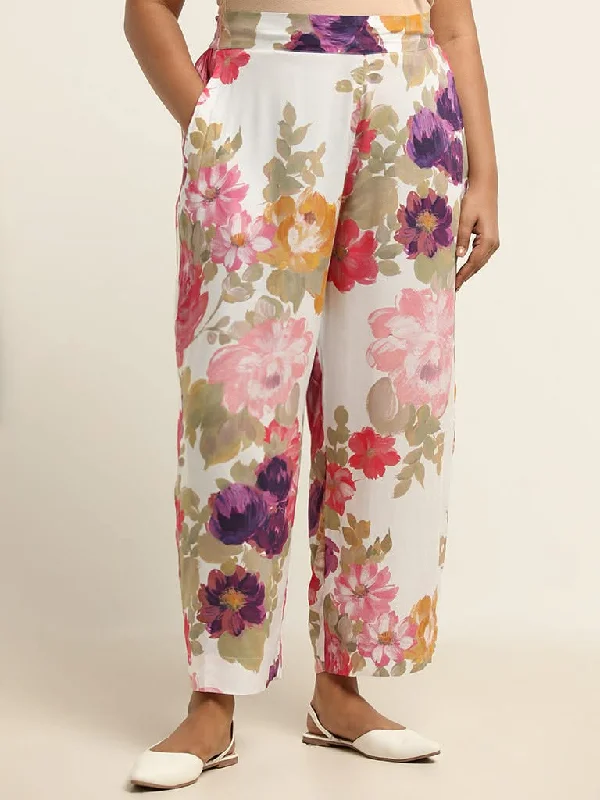 Diza White Floral Printed Straight Pants Casual Plaid Pants