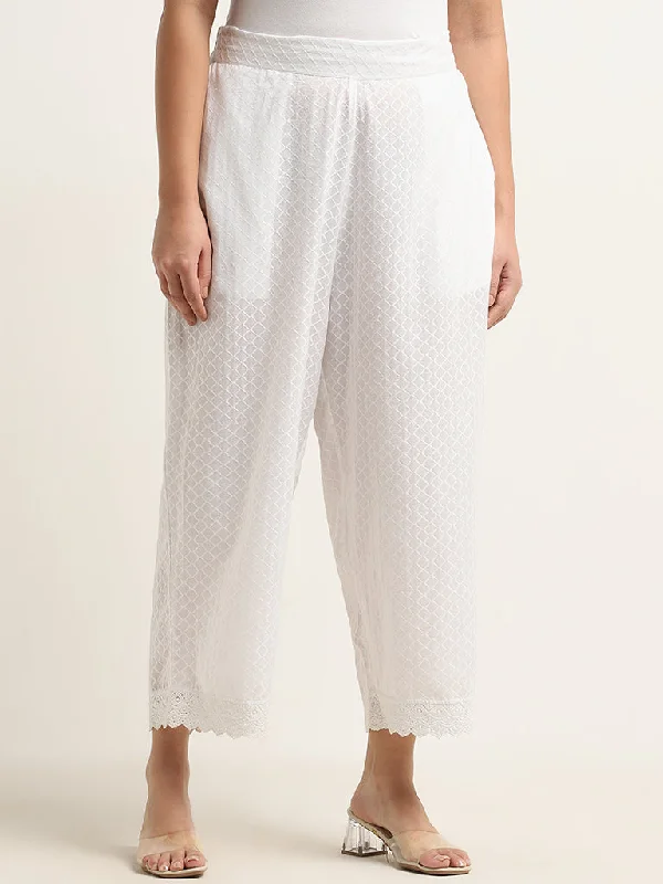 Diza White Self-Patterned High-Rise Cotton Ethnic Pants Comfortable Jogging Pants