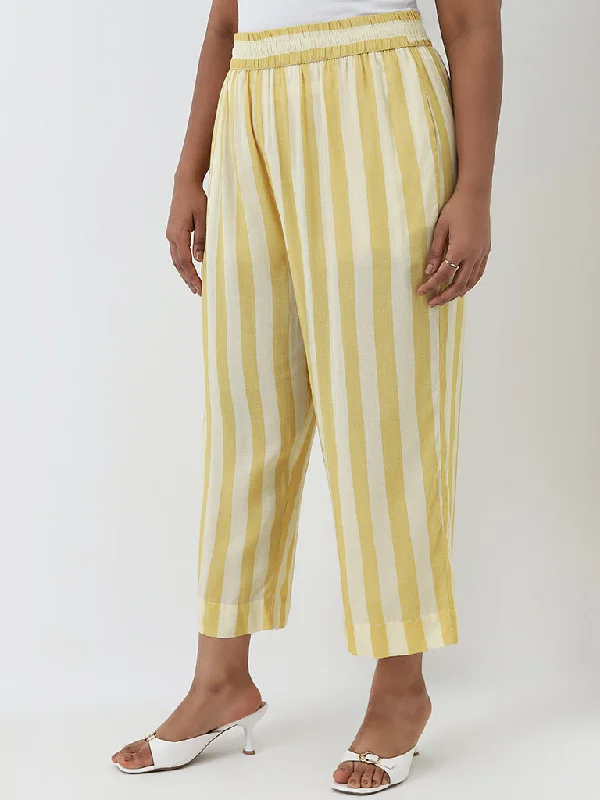 Diza Yellow Striped High-Rise Straight Cotton Pants Casual Track Pants