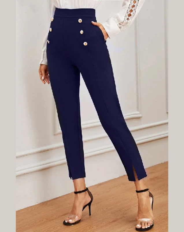 Double Button Split Hem Pants - Blue Chic Slim Fit Pants