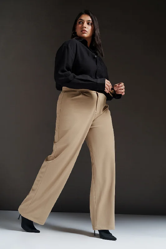 Dune Beige Curve Textured Korean Pants Comfortable Wide-Leg Pants