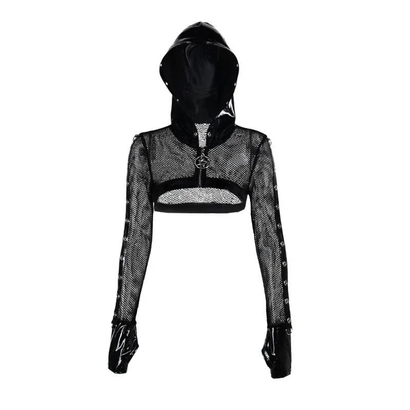 Fishnet zip-up gloves PU leather patchwork hoodie shrug top Zip Hoodie Drawstring Kangaroo Pocket