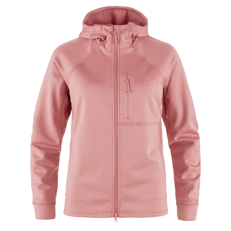 Fjallraven Womens Abisko Grid Fleece Hoodie Dusty Rose Hoodie with Hem Elastic Stretchable Comfortable