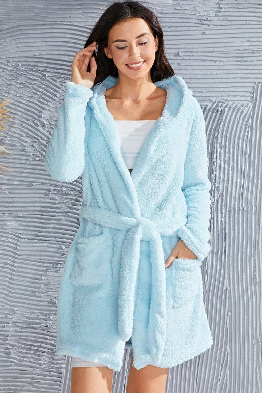 Fuzzy Tied Pocketed Hooded Lounge Nightgown Hoodie with Elastic Cuffs Stretchable Comfortable