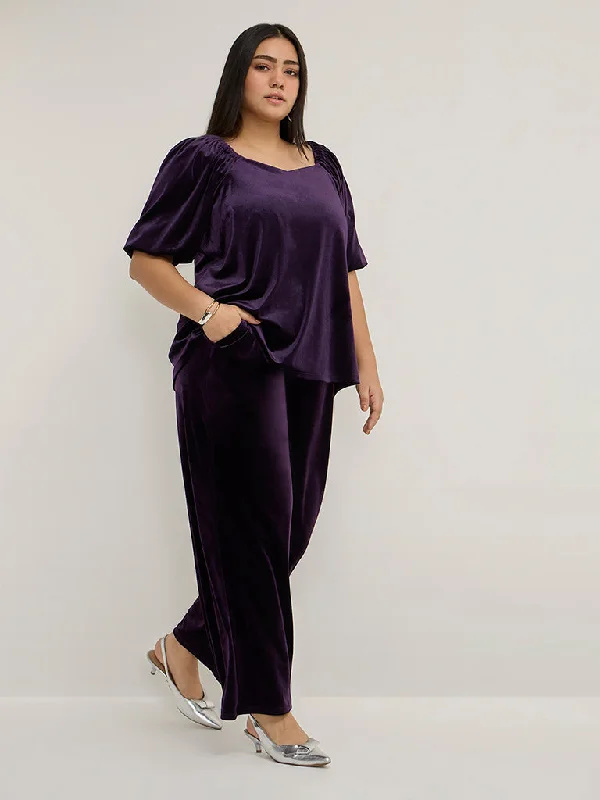 Gia Purple Velveteen High-Rise Pants Modern Stretch Trousers