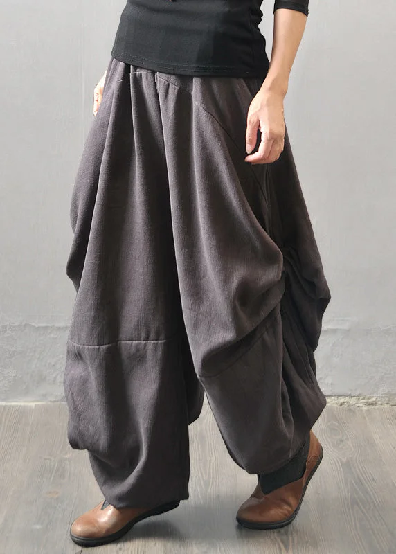 Grey Patchwork Elastic Waist Wide Leg Pants Casual Plaid Pants