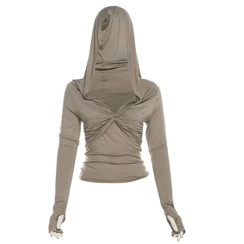 Hoodie long sleeve gloves knotted ruched v neck top Hoodie with Patch Decorative Personalized