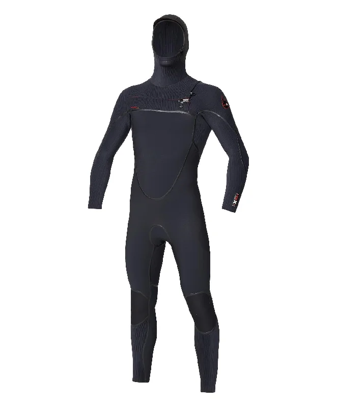 HyperFire X 5/4+mm Hooded Steamer Chest Zip Wetsuit - Black Hoodie with Color Block Contrast Stylish