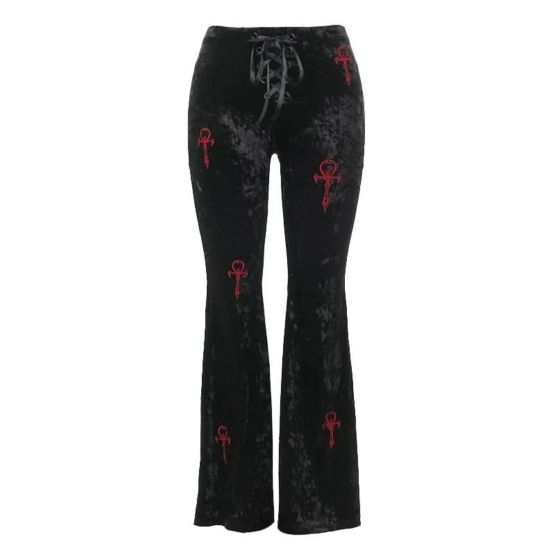 Lace up velvet embroidery medium rise pant Relaxed High-Waist Trousers