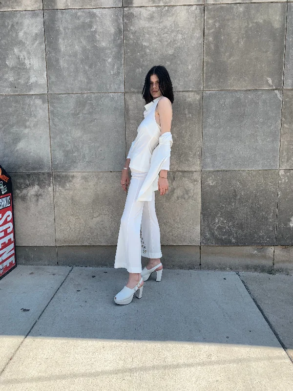 70s White Double Knit Halter Pantsuit, Estivo Comfortable Wide-Leg Pants