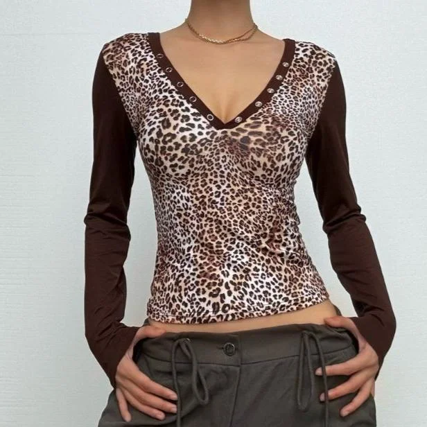 Leopard print long sleeve hoodie button top Hoodie with Thumb Holes Functional Cozy