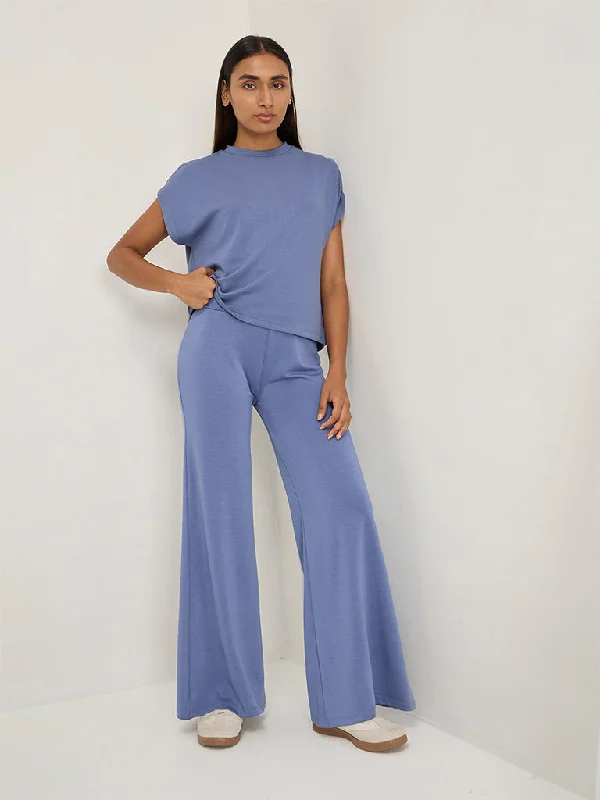 LOV Blue High-Rise Track Pants Stylish Paperbag Waist Pants