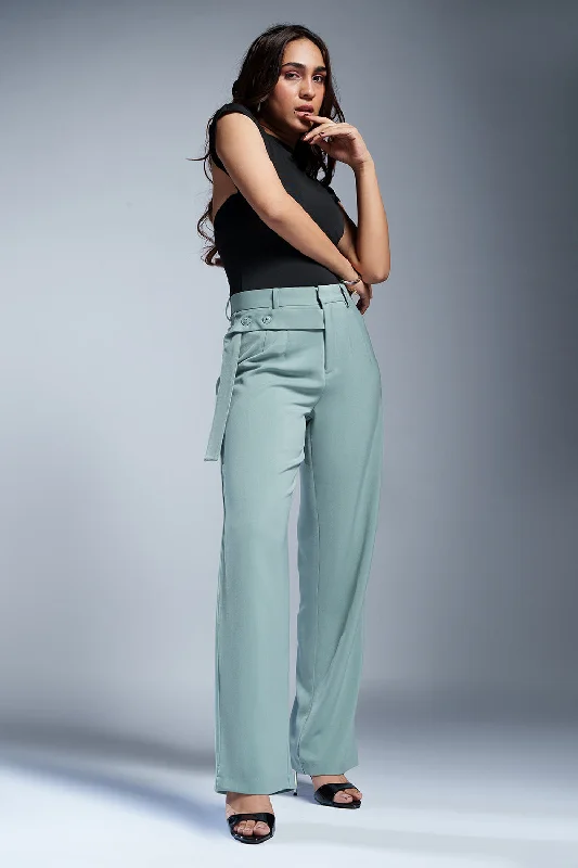 Meadow Green Strap Detailed Korean Pants Trendy Wide-Leg Pants