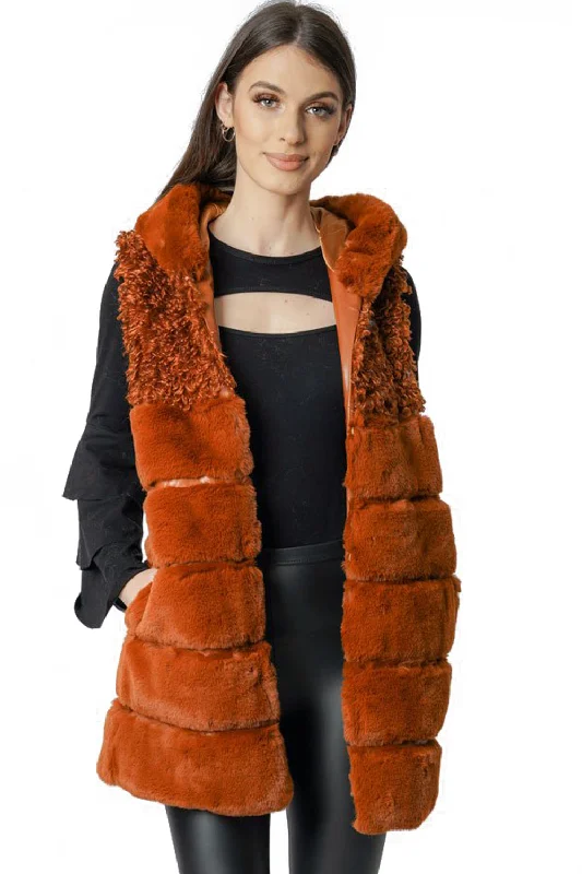 Mixed Fur Hooded Long Gilet Hoodie with Snap Buttons Easy Quick