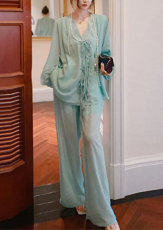 Modern Green O-Neck Chiffon Top And Wide Leg Pants Two Piece Set Spring Trendy Velvet Pants