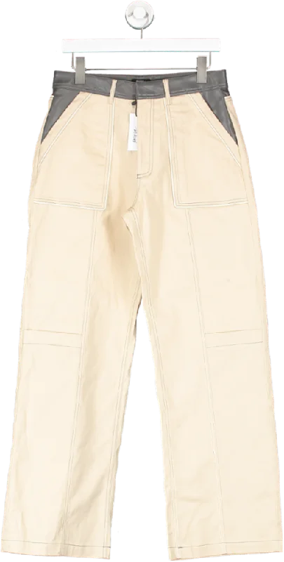 Nasty Gal Beige Twill & Faux Leather Straight Leg Pants UK 12 High-Waist Jogger Pants