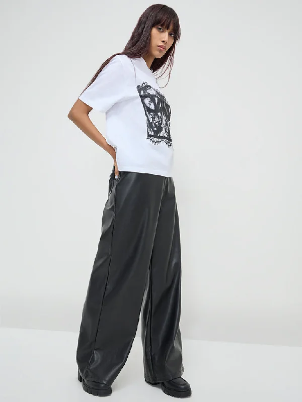 Nuon Black Faux-Leather High-Rise Pants Casual Wide Pants