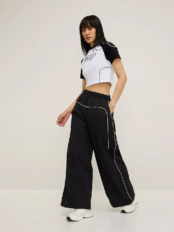 Nuon Black Striped High-Rise Track Pants Soft Cotton Pants