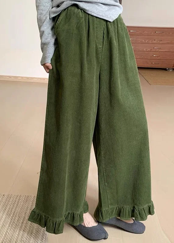 Original Green Ruffled Patchwork Corduroy Wide Leg Pants Winter Trendy Printed Pants