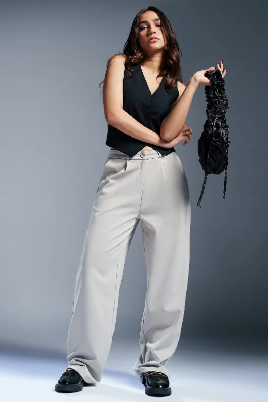 Pale Grey Women's Textured Korean Pants Slim-Fit Khaki Pants