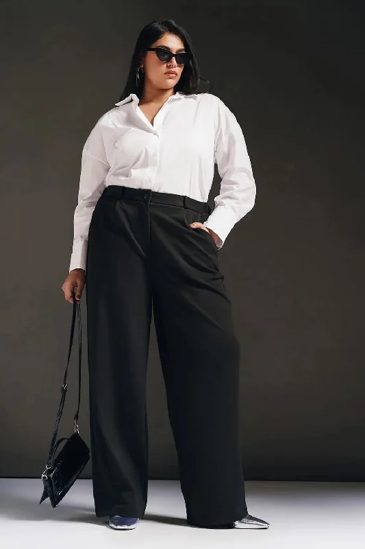 Polished Black Curve Textured Korean Pants Soft Stretch Trousers