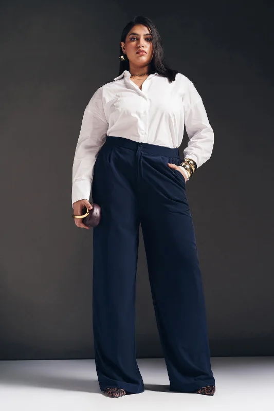 Regal Navy Curve Pleated Straight Fit Korean Pants Comfy Zip-Up Pants