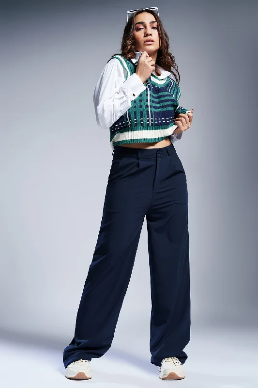 Rich Navy Straight Fit Korean Pants Trendy High-Waist Trousers