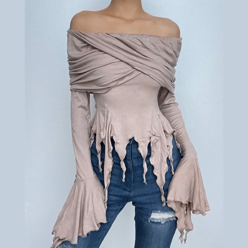 Ruffle long flared sleeve ruched off shoulder solid hoodie 2-way top Hoodie with Cropped Fit Short Trendy