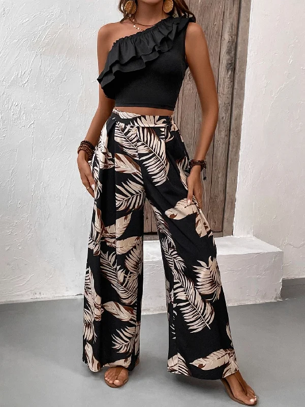 Ruffled Sleeveless Top and Printed Pants Set Stylish Elastic Waist Pants