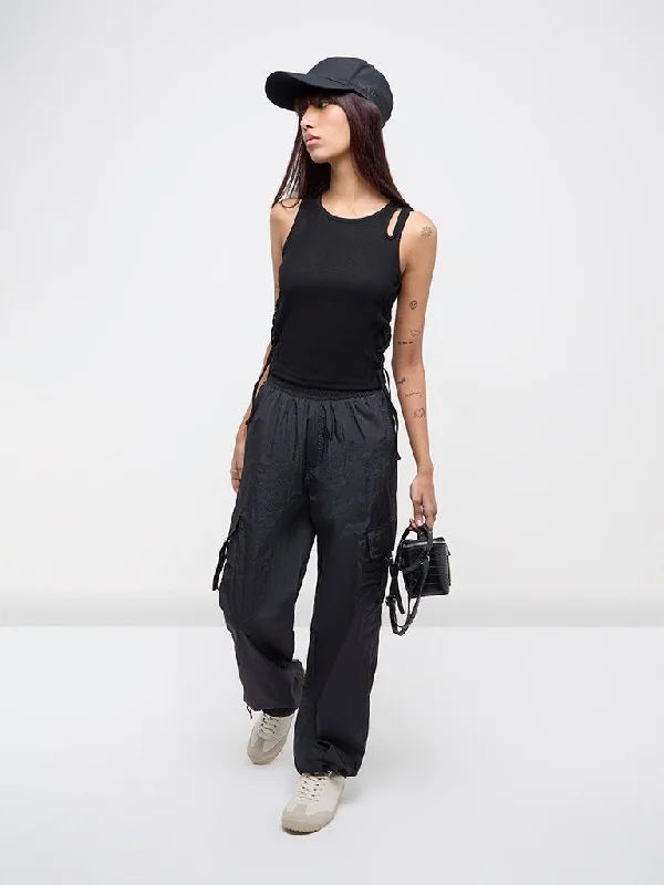 Studiofit Black High-Rise Cargo Track Pants Elegant Palazzo Trousers