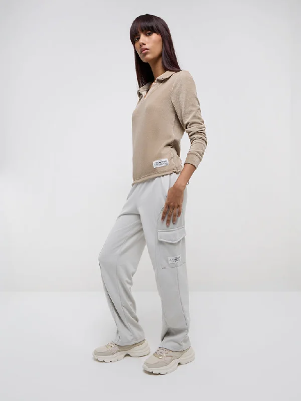 Studiofit Light Grey High-Rise Cotton Blend Track Pants Casual Yoga Pants