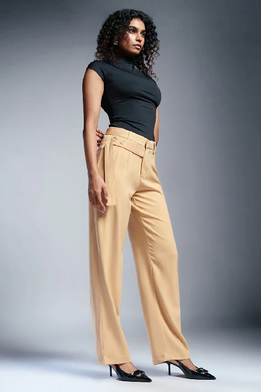 Sunlit Beige Strap Detailed Korean Pants Trendy Velvet Pants