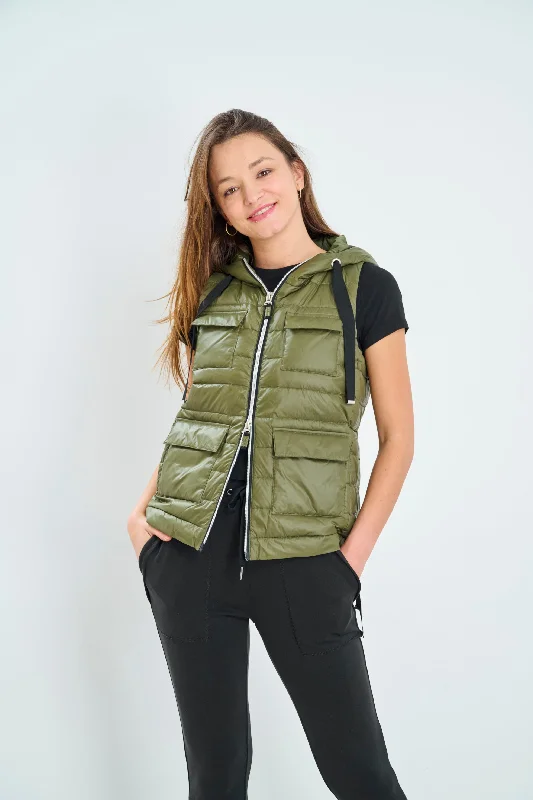 Utility Hooded Down Vest Hoodie with Drawstring Waist Adjustable Fitted