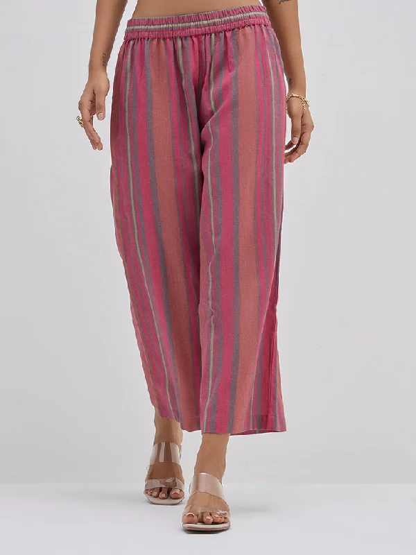 Utsa Dusty Pink Striped High-Rise Cotton Ethnic Pants Soft Stretch Pants