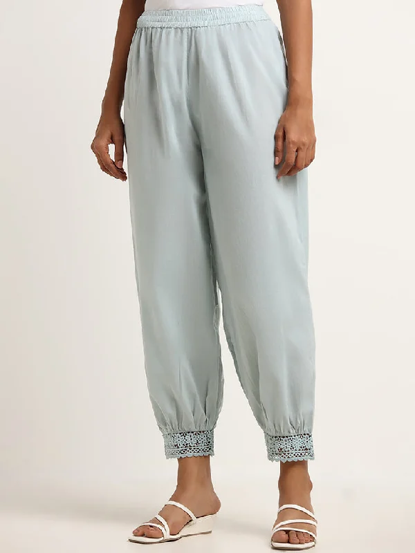 Utsa Light Blue Crochet-Trimmed Pants Modern Skinny Pants